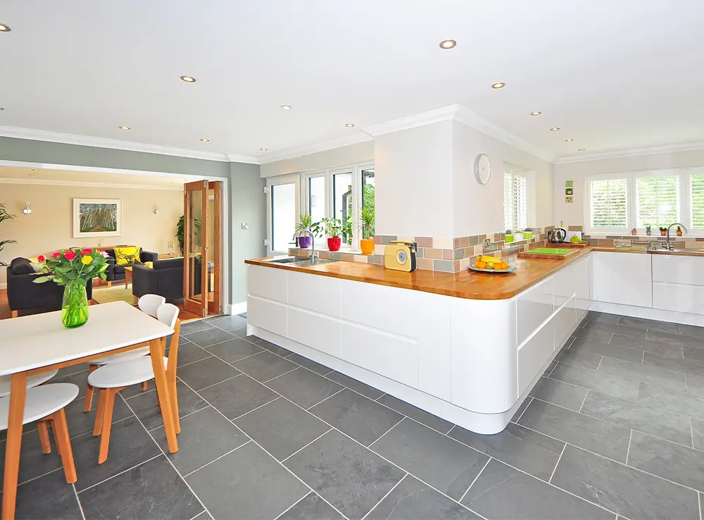 clean kitchen with a view to living room